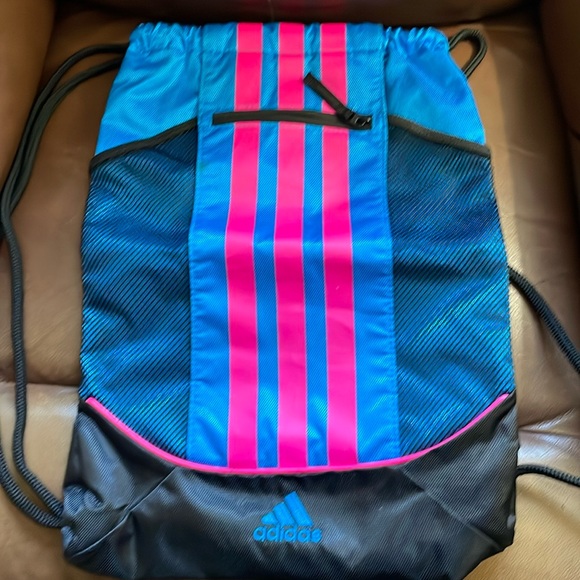 Adidas Cinch Back Pack, string closure blue front with pink stripes, black back - Picture 1 of 5
